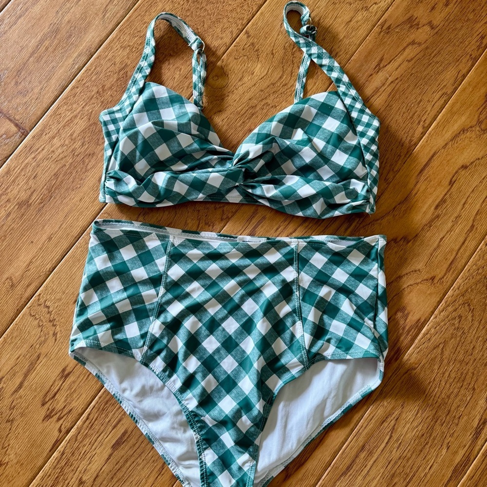 Marina West 2 Piece Bikini Swimsuit Women’s XL Green Gingham Plaid High Waisted